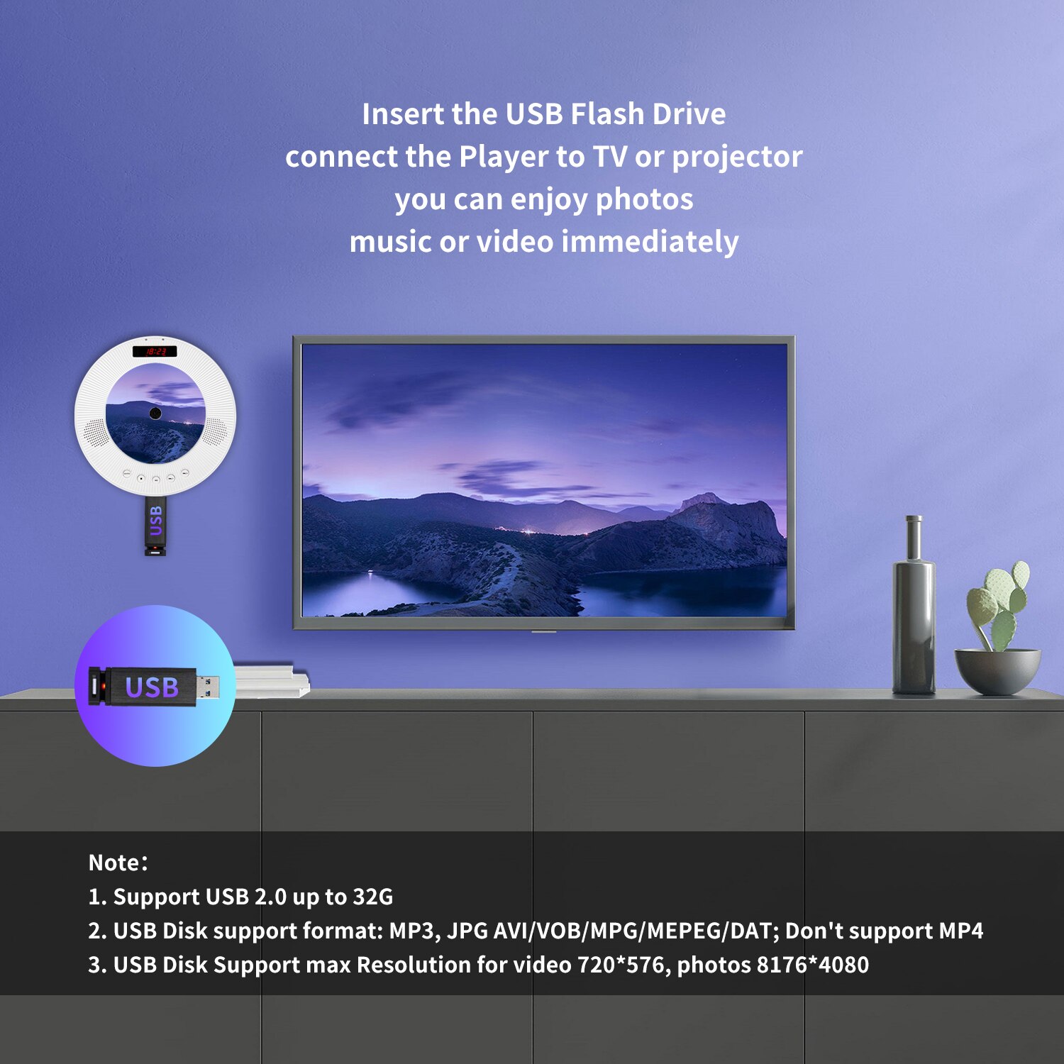 Upgraded Wall Mounted DVD Player Surround Sound CD Player Hifi FM Radio Bluetooth Portable Music Player with Remote Controller