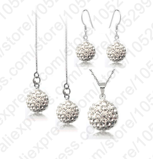 925 Sterling Silver Crystal Disco Ball Beads Necklace Earring Ear Thread Jewelry Set Trendy Jewelry: white