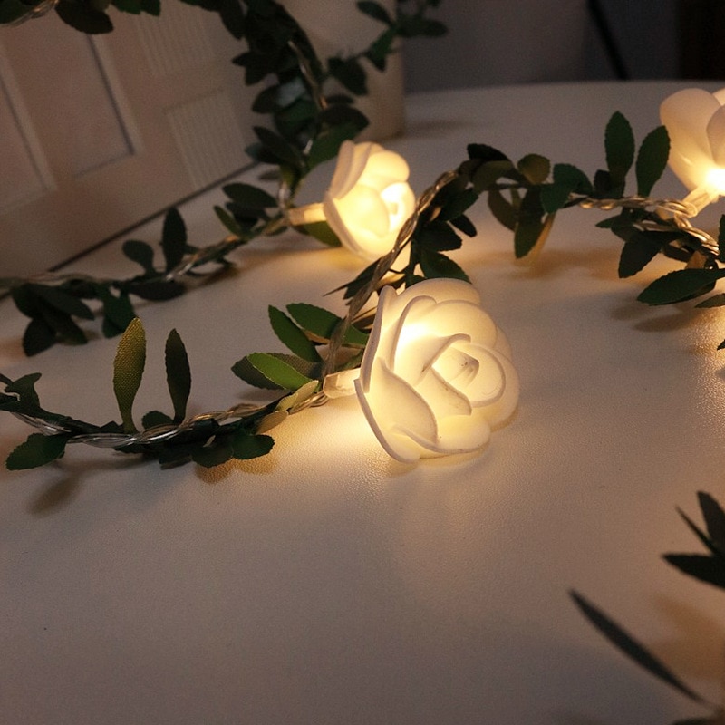 1.5m 3m 6m rose flower vine led string lys batteri/usb drevet grøn blad guirlande lampe til valentinsdag bryllup jul