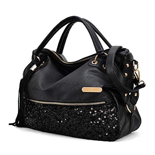 Frauen Leopard Print Schwarz Geldbörse Handtasche Hobo Glitter Pailletten PU Leder Schulter Tasche: Black