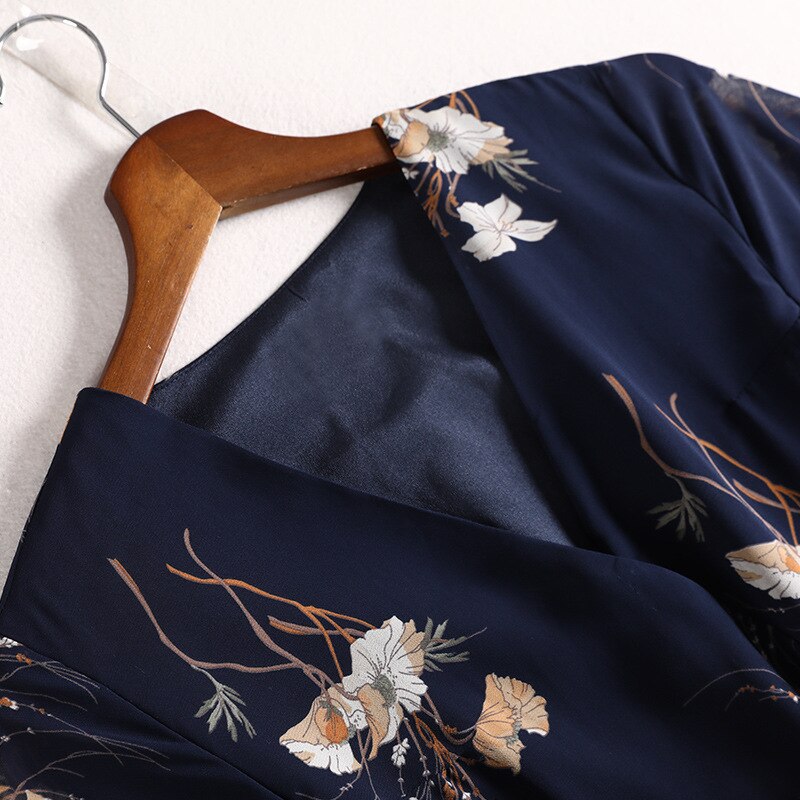 5XL Japanese Traditional Kimono Dress Women Girls Yukata Streetwear Belt Floral Print Plus Size V Neck Vintage Style Obi Navy