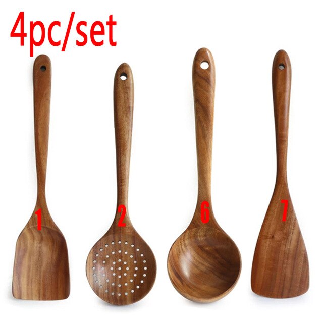 1-9 unids/set juego de utensilios de cocina de madera, cucharas de madera para cocinar, utensilios, cucharas de madera de teca Natural para de sartén antiadherente