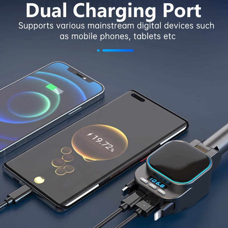 Trasmettitore FM robot VR Lettore MP3 per auto Bluetooth 5.3 Caricatore rapido per auto da 96 W con 2 cavi retrattili per telefono