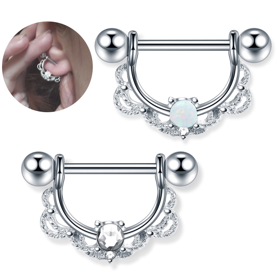 1 Pza barra pendiente de tuerca para el trago 14G anillos de pezón de ópalo Piercing de acero inoxidable anillos de pecho de cristal mujer joyería del cuerpo