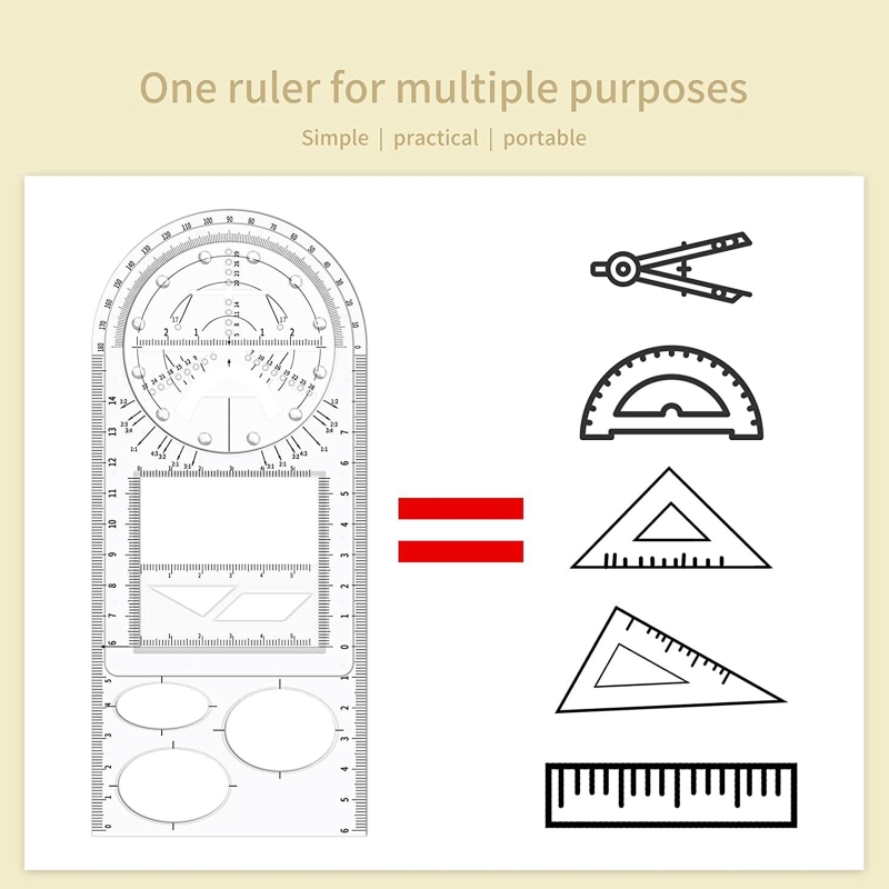 Juego de reglas geométricas multifuncionales, regla de dibujo de matemáticas con 14 figuras geométricas, conjunto de transportador redondo