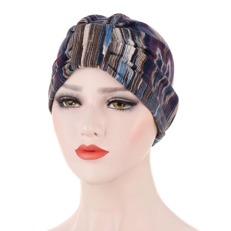 Muslimske hodeplagg caps trendy skrive ut dame uformelt turban panser floral myk bomull tøye ut india pakke inn hode skjerf indre hijabs: Marineblå