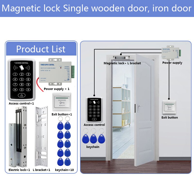 Door Access Control System Kit RFID Access Control Keypad + Power Supply + Electric Magnetic Lock Bolt Strike Locks + 10pcs Keys: Kit7