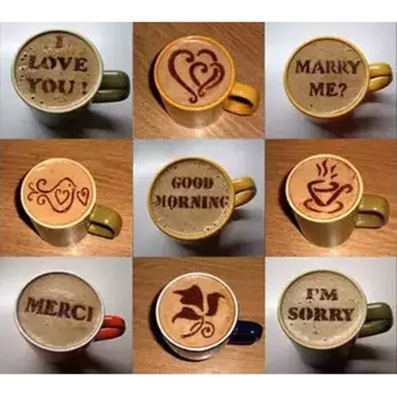 16 Pcs Koffie Afdrukken Model Schuim Spuiten Taart Stencils Poedersuiker Chocolade Cacao Koffie Afdrukken Decoratie Tool Model
