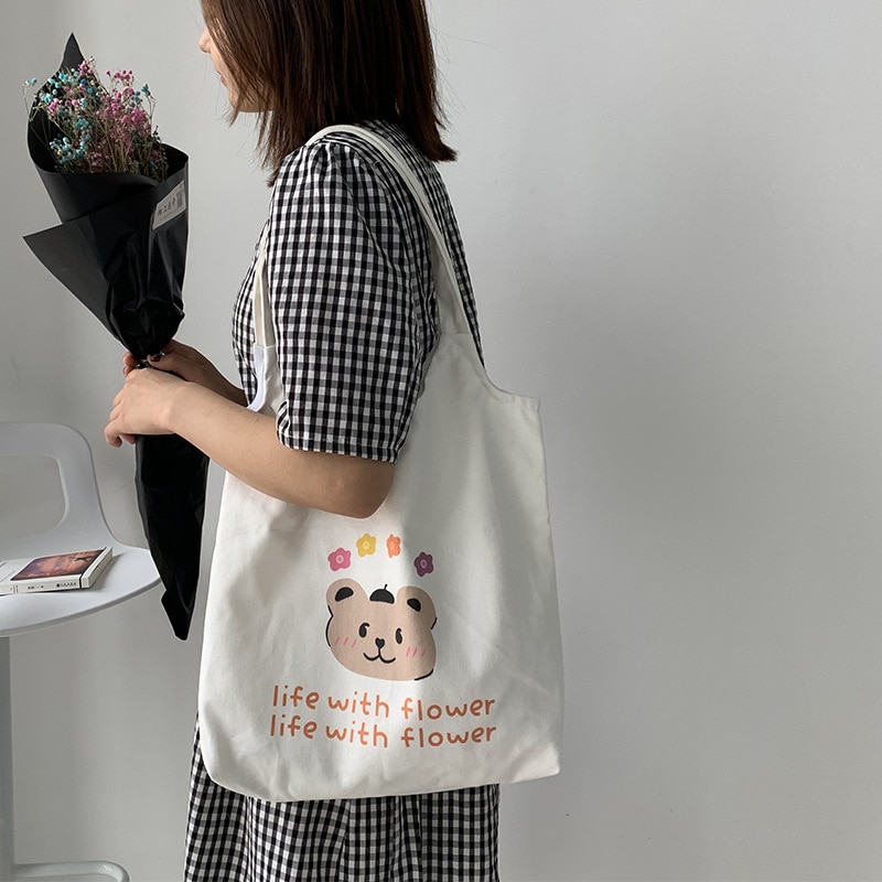 Vrouwen Canvas Tassen Koreaanse Dubbelzijdig Printen Schouder Doek Boodschappentas Eco Opvouwbare Handtas Voor Meisjes shopper Tas
