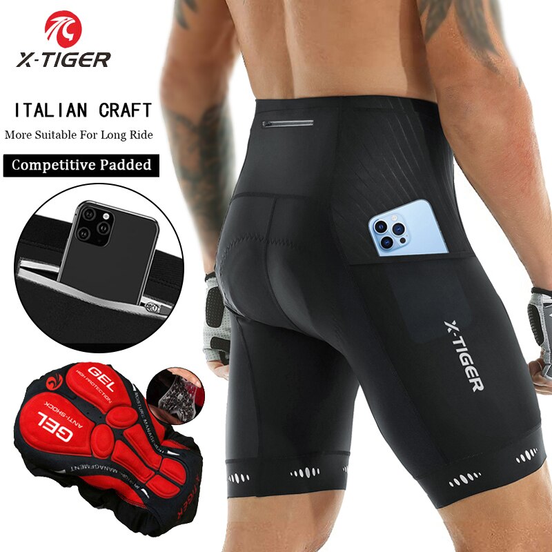 Pantalones cortos de ciclismo para hombre, X-TIGER con bolsillo trasero, acolchado de Gel 5D, medias para ciclismo de montaña y carretera: XL