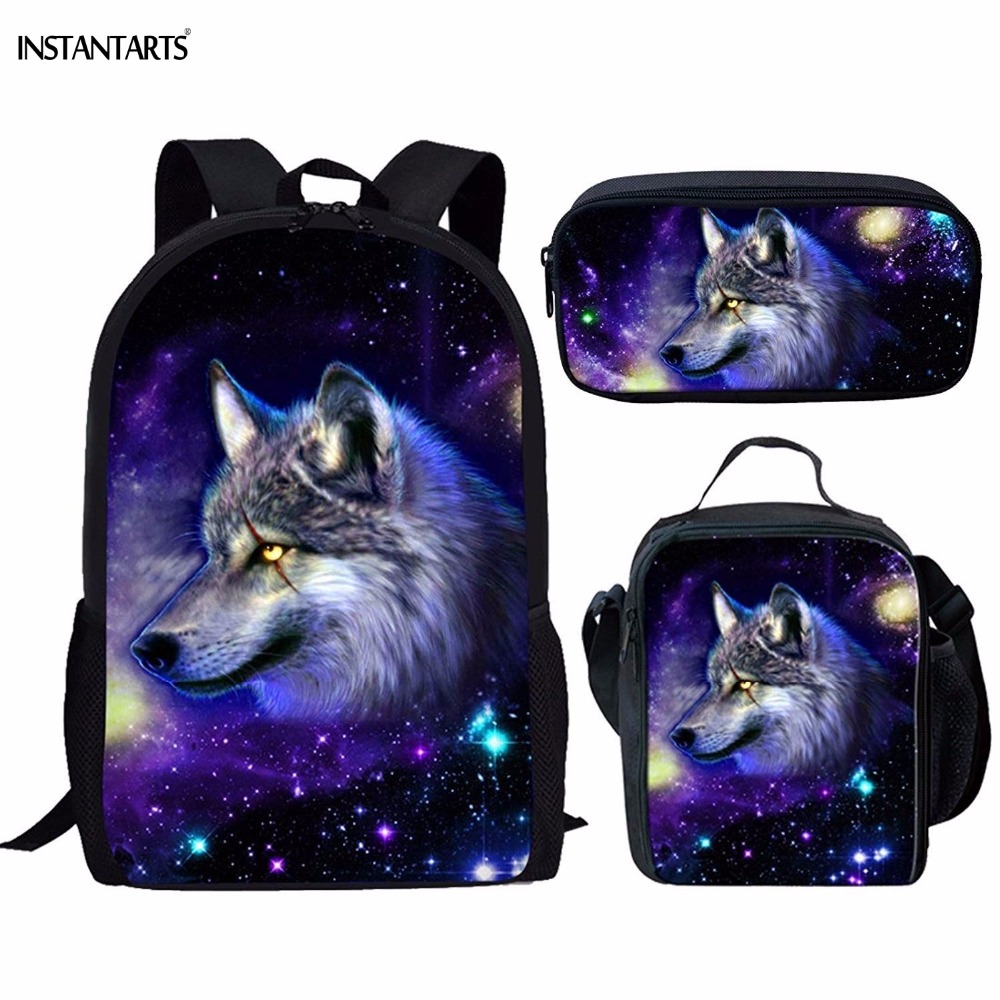 INSTANTARTS Cool Galaxy/Universe Wolf Print Schooltas voor Jongens 3 STUKS Set Rugzakken Kinderen Casual Middelbare School Student Rugzak