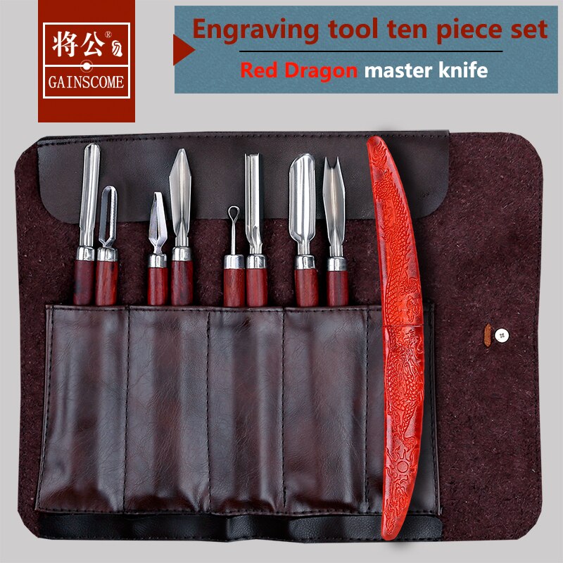 Gainscome kok udskærerkniv 11 stk sæt rustfrit stål u-formet v stikkekniv o pull udskæringskniv fri læderskede skarp: D188 røde drager