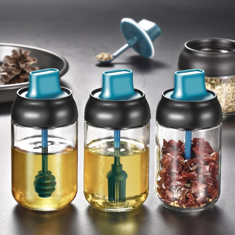 250ml High Borosilicate Glass Spice Jar Seasoning Condiment Salt Pepper Storage with Spoon Honey Stick Brush Lid Kitchen Supply