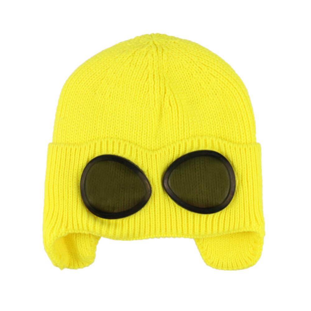 1PC Bunte Winter warm Mütze mit Brille draussen-Sport Gestrickte Kappe Einfarbig Zubehör: Gelb