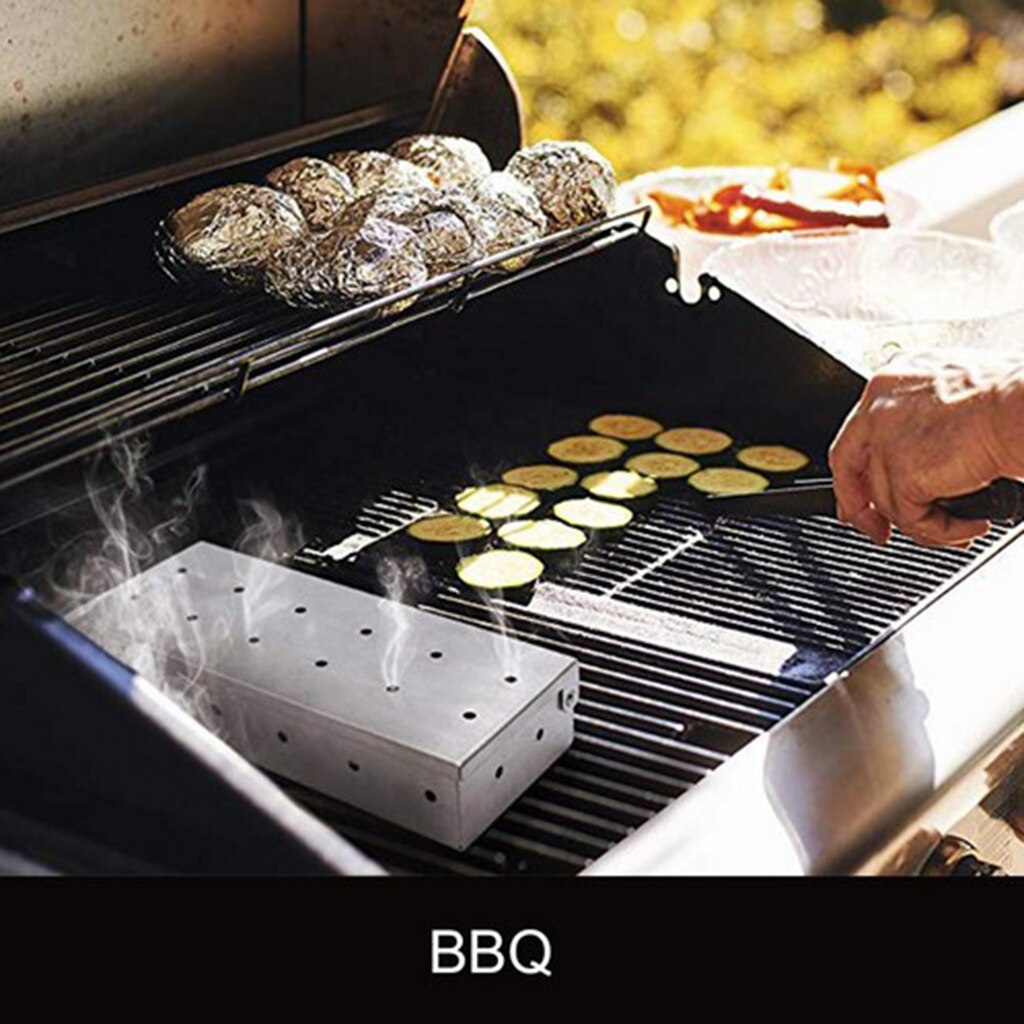 Dikkere Rvs Top Vlees Roken Barbecue Smoker Box Voor Bbq Hout Chips, Met Scharnierend Deksel