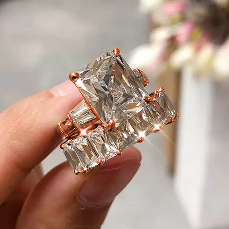 Huitan Luxe Trendy Vierkante Zirconia Promise Ringen Voor Vrouwen 2 Stuks Set Zilver Kleur/Goud Kleur Trouwringen Sieraden: 10 / Rood