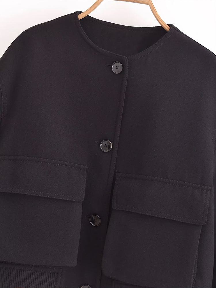 2024 autunno e inverno nuova moda donna semplice nero allentato girocollo tasca giacca corta cappotto