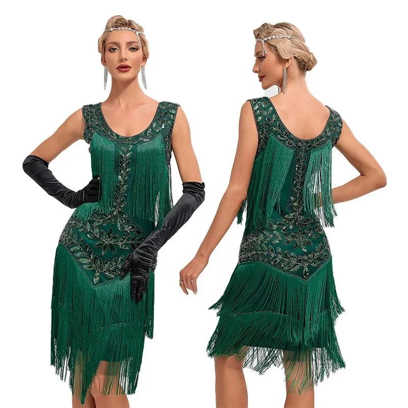 Rundhals-Tanktop mit Pailletten, Perlen und Quasten, großes Kleid, 4 Farben, 1920er-Jahre, Flapper, Vintage-Gatsby-Cocktailballkleid, Tanzkleid: M / Brown