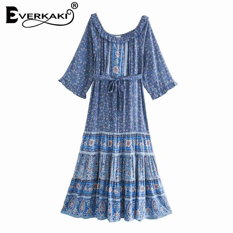 Everkaki Boho Bloemenprint Maxi Jurk Vrouwen Zomer Herfst Vestidos Met Sjerpen Dames Jurken Vrouwelijke: Blue / S