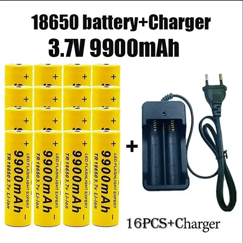100% Original 3.7V 18650 Battery 9900mAh Lithium Rechargeable Battery flashlight Toys fans battery+charger: Blue
