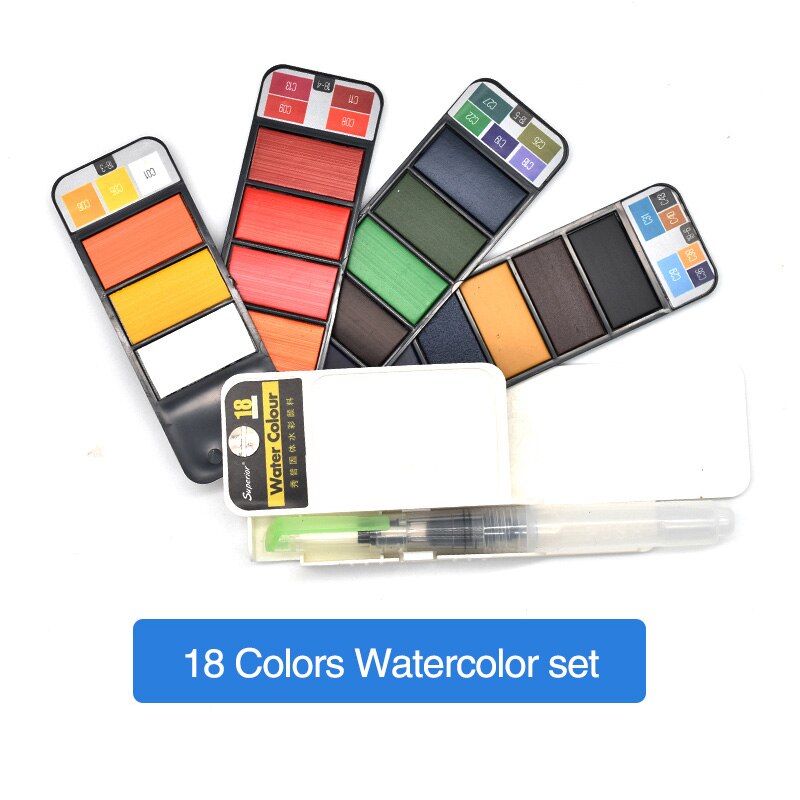 Overlegen 18/25/33/42 farver solid akvarelsæt med gratis vandfarve penselpigment til tegning af kunstartikler: 18 farver