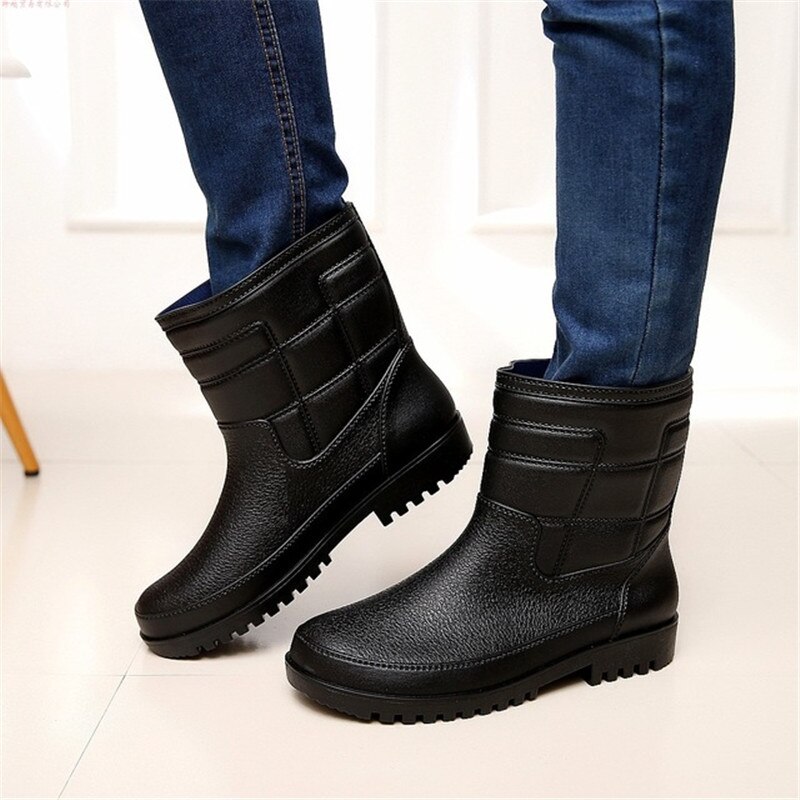 Plus size leather pattern men's rain boots plus velvet cotton warm short tube rain boots fishing anti-slip shoes rubber shoes