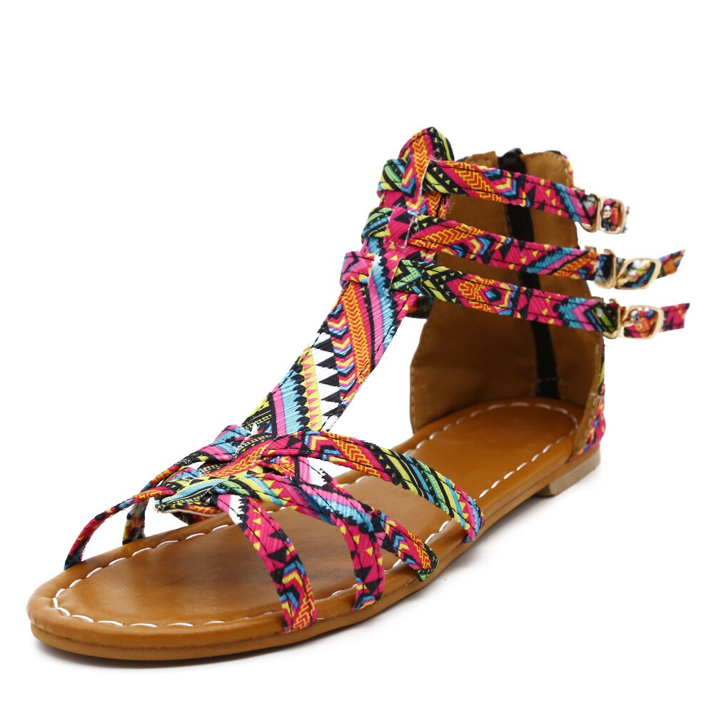 Bohemian Women Flat Shoes Ethnic Bohemian Summer Women Beach Sandals Gladiator Roman Strappy Embroidered Outdoor Shoes: pink / 34