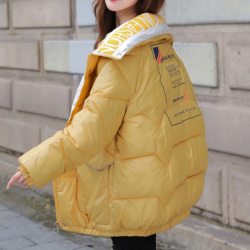Doudoune imprimée pour femme, vêtement court avec fermeture éclair et visage brillant, version coréenne, hiver: YELLOW / XL