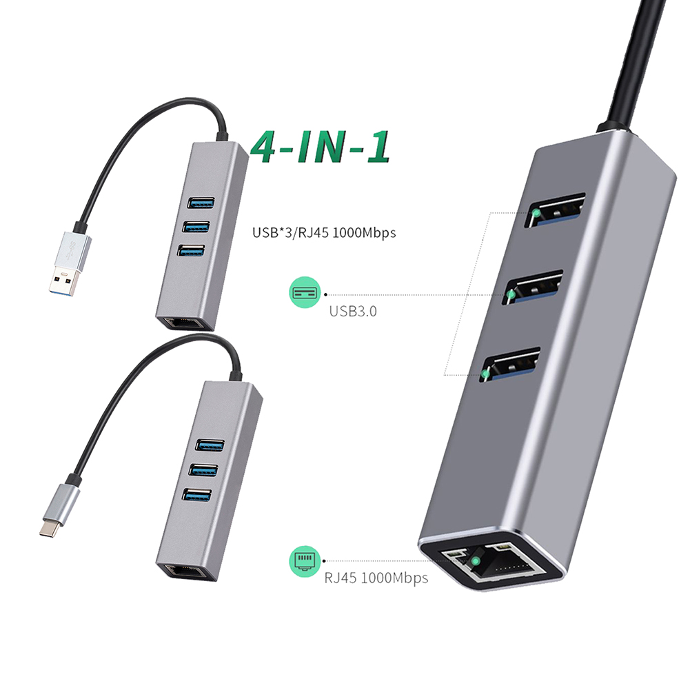 Koncentrator USB 3.0 rodzaj-C 4w1 1000Mbps RJ45 LAN Ethernet adapter 3 porty USB3.0 5Gbps OTG Rozdzielacz Karta sieciowa robić laptopów PC Szary