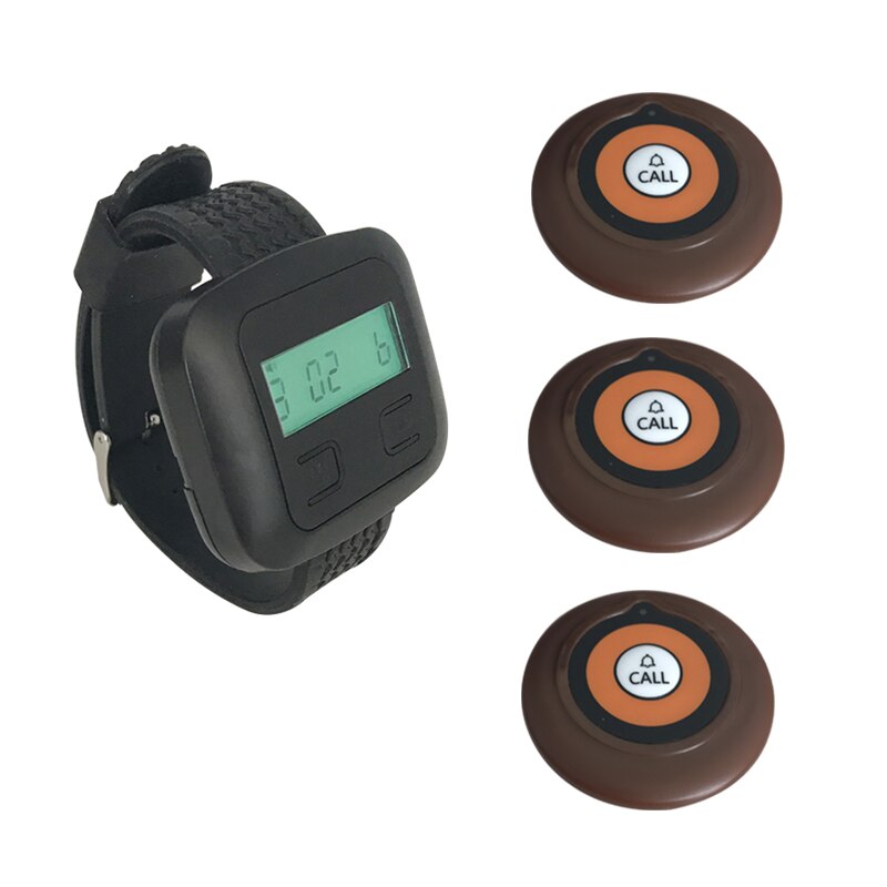 Draadloze Belknop Zender 1 Polshorloge Ontvanger + 3 Ultradunne Pagers Wit Bruin Zwart Voor Restaurant Koffie Winkel: Brown