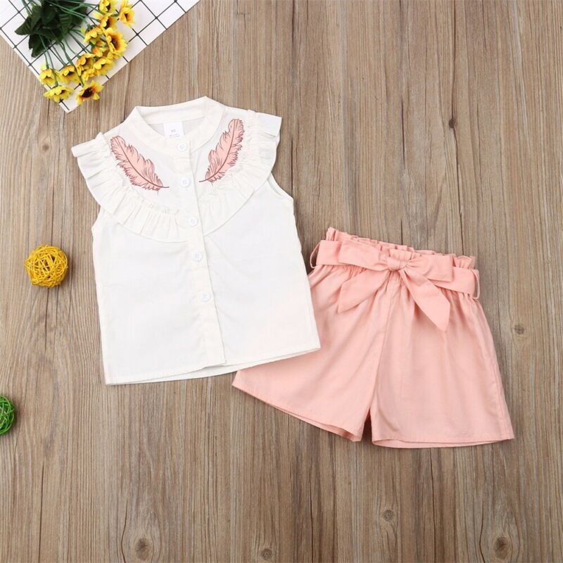 Lovely Kid Baby Girls Feather Clothes set top senza maniche estivi fasciatura pantaloncini 2 pezzi abiti moda abbigliamento 2-6 anni