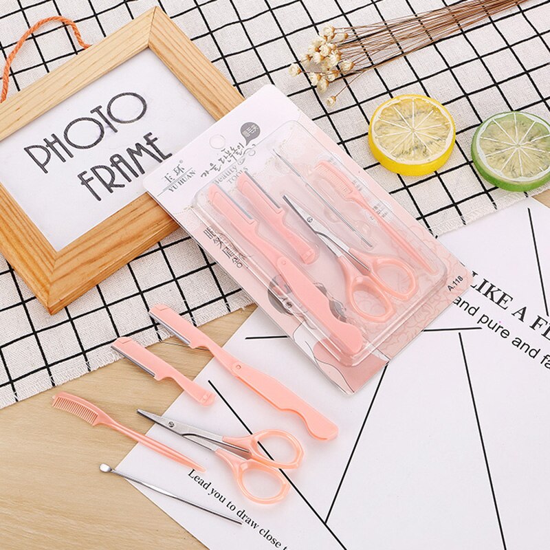 Portable 5pcs Makeup Eyebrow Tools Female Eyebrow Eyelash Trimmer Ear Spoon Scissors Kits Face Makeup Accessories