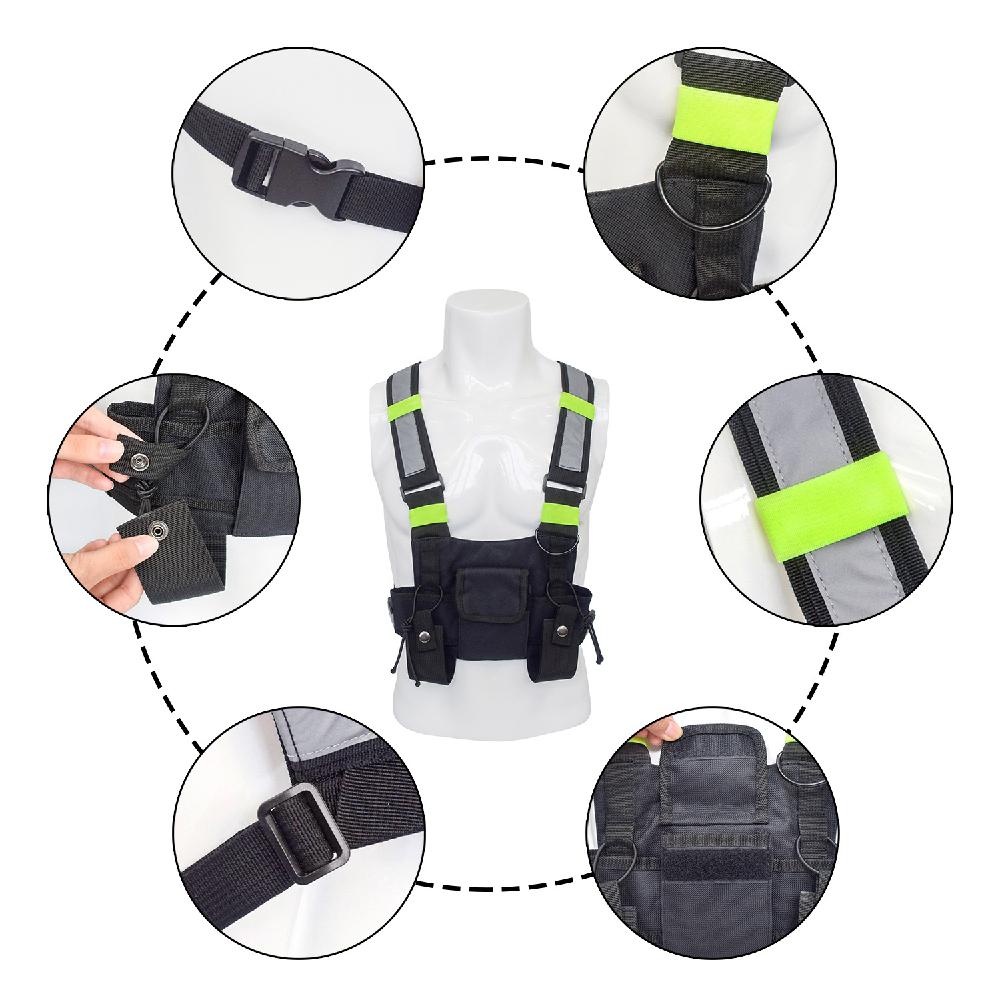 Chaleco negro ajustable con rayas reflectantes bolsa de aparejo de pecho para entrenamiento al aire libre