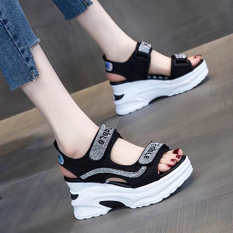 Sandalias de plataforma para mujer, zapatos romanos con plantilla que aumenta la altura, novedad de verano,: Negro / 38