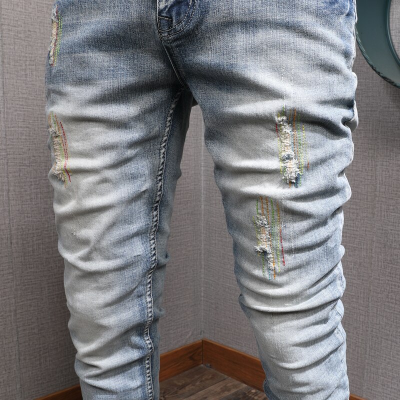 Korean Style Men Jeans Light Blue Embroidery Patches Ripped Denim Trousers Streetwear Elastic Cotton Slim Pants