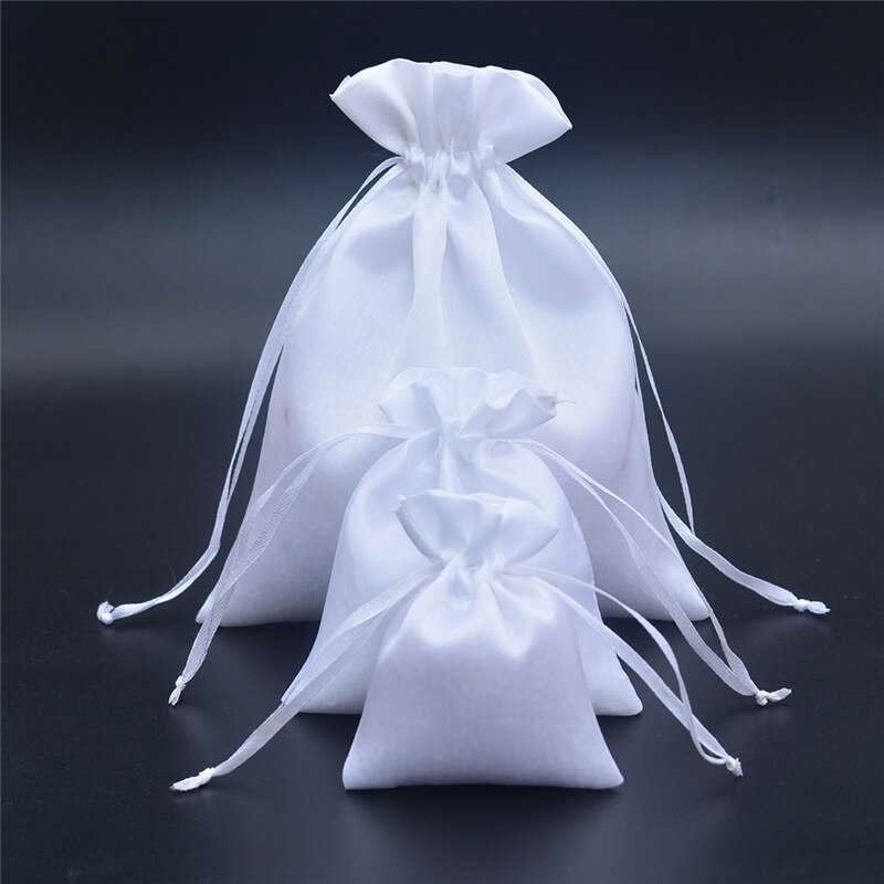 Pochettes en Satin blanc 7x9, 10x12, 16x20 cm, sacs à cordon d&#39;emballage pour bonbons/bijoux/colliers/bagues/perles, sac en soie, 10 pièces/lot