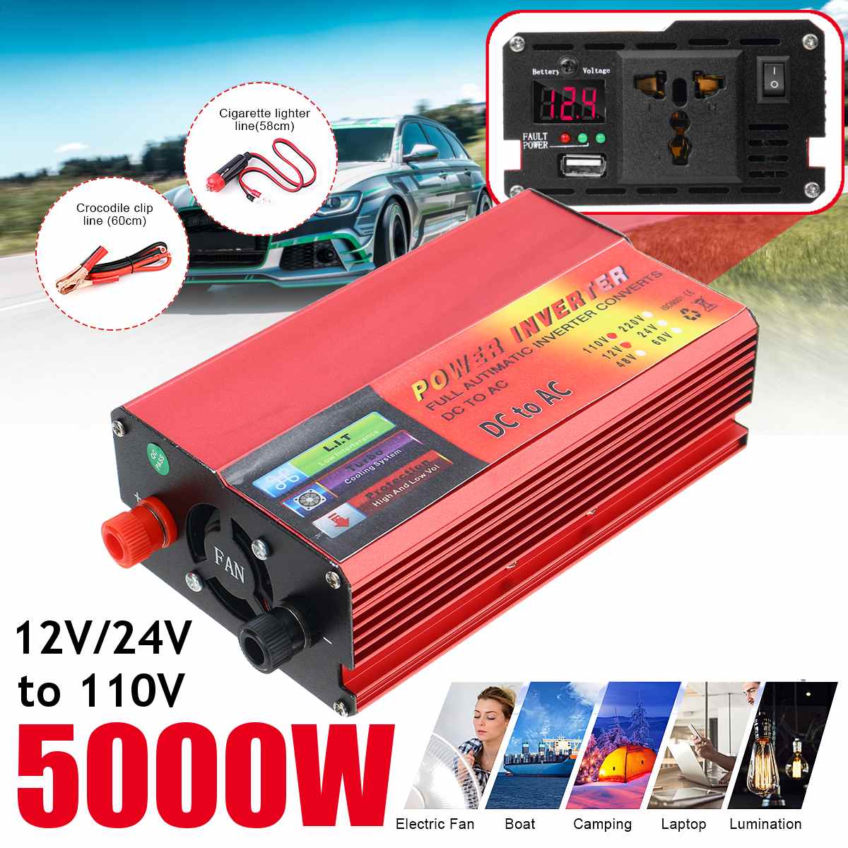 Modifisert ren sinusbølgeeffektomformer 5000w 12v 24v 220v spenningstransformator  dc 12v til  ac 1100v omformer med led -display