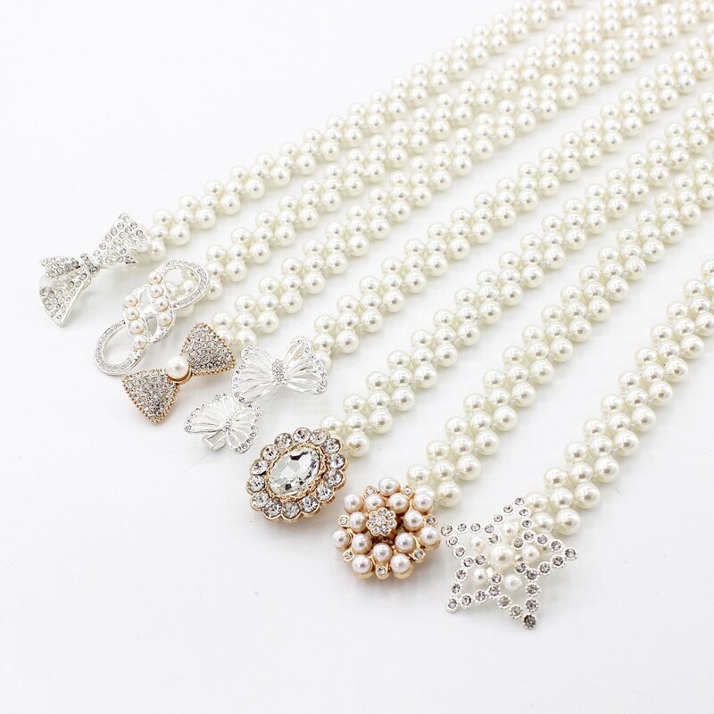 Volledige Parel Taille Ketting Mode Dames Kralen Elastische Riem Voor Vrouwen Jurk Strass Elastische Gordel Boog Bloemen Gesp Tailleband