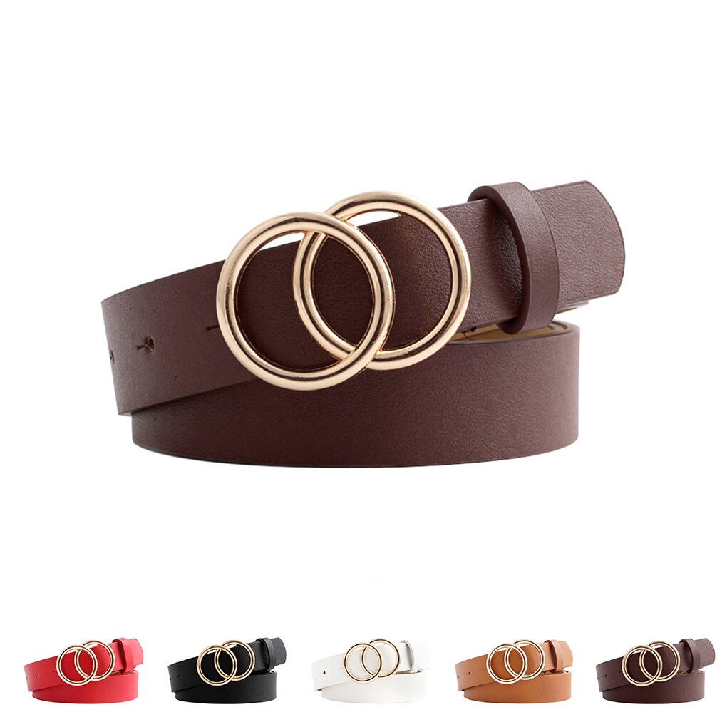 Vintage Double Ring Circle Round Buckle Button Belt Leisure Jeans Dress Women Leather Belt Simple Girls