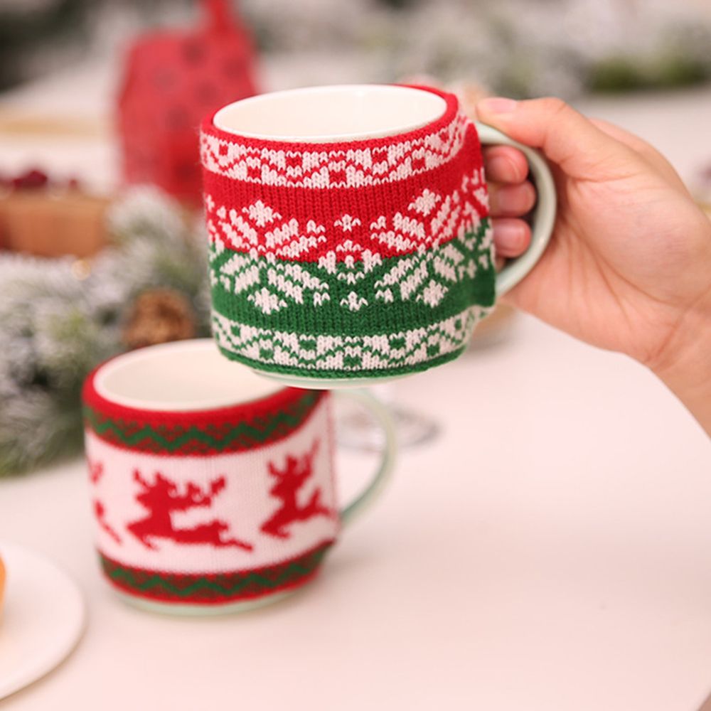 Tasse à café en laine tricotée, 1 pièce, ensemble confortable, pour le thé, en tricot Jacquard, bouteille en céramique, sac à manches en verre, verres, de fête: Red and green
