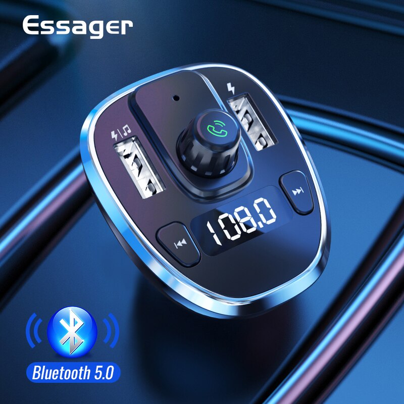 Essager Usb Auto Oplader Voor Mobiele Telefoon Bluetooth Handsfree Fm-zender MP3 Speler Auto Kit Fast Charger Voor Iphone