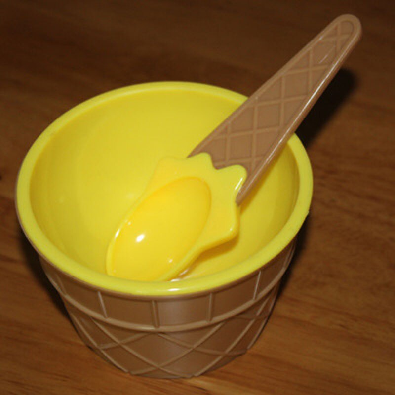 Cuencos de plástico para helado para niños, juego de cucharas, taza para helado duradera para niños, para parejas, cuenco de postre encantador: YELLOW