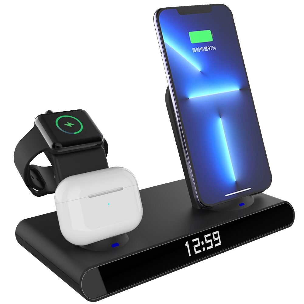 3 in 1 kabellos Ladestation Für iPhone 13 12 11 Profi Max/Apfel Uhr/AirPods LED Digital wecker Drahtlose Ladegerät Stehen