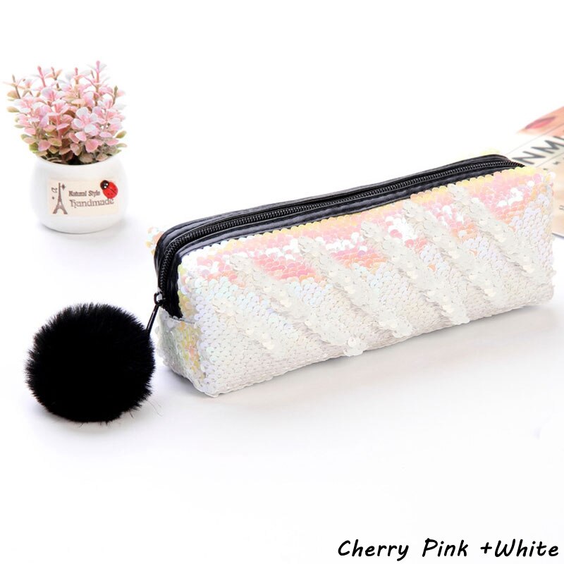 Estuche para lápices con lentejuelas para niñas, material escolar, estuche para lápices con bolas de pelo, caja de lápices Estuche para escolar: Pink plus white