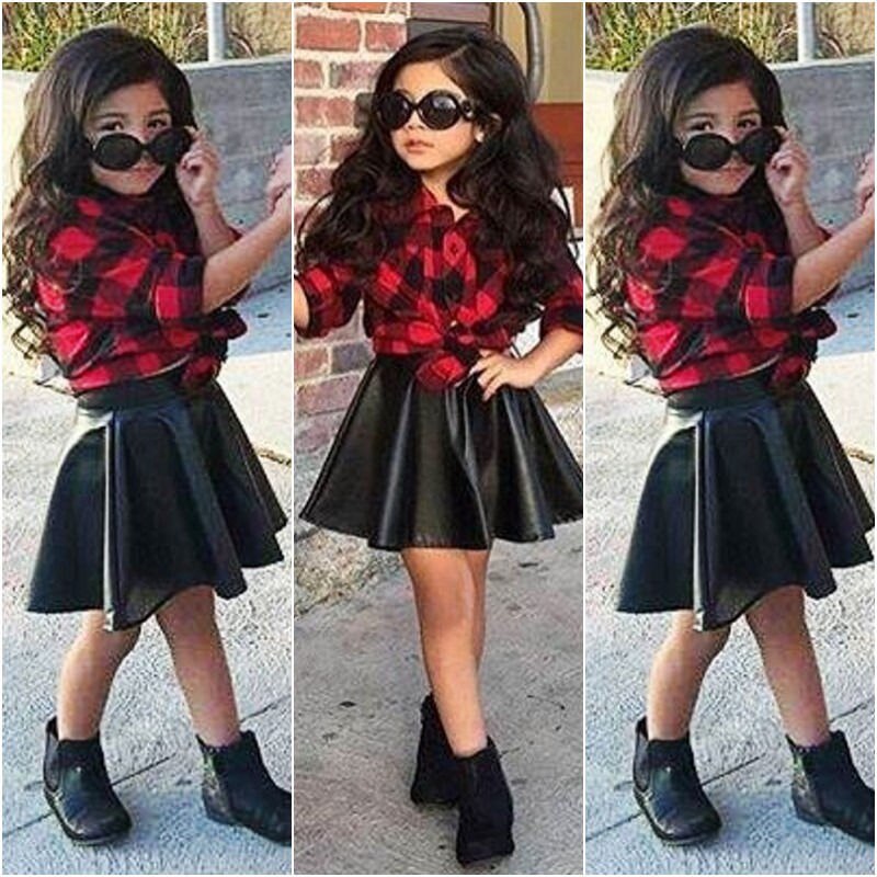 Citgeet Moda Primavera 2 Pz/set Capretti Delle Ragazze Della Principessa Plaid Magliette E Camicette Della Camicia + Gonna di Pelle di Estate Abiti Vestiti