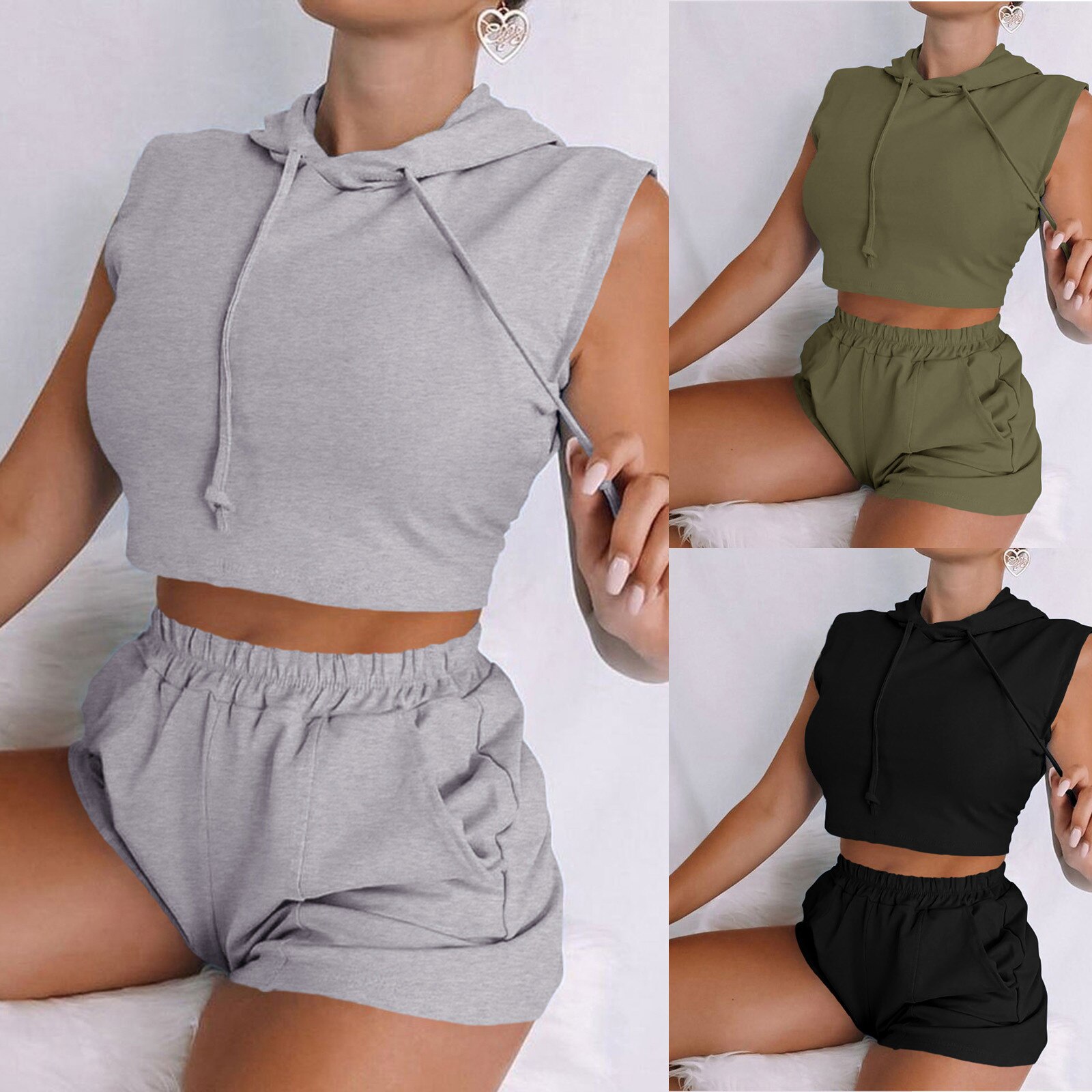 Zomer Vrouwen Effen Kleuren Mouwloze Hooded Vest Tops Pocket Shorts Casual Losse Tweedelige Fitness Running Set Sportkleding # g4