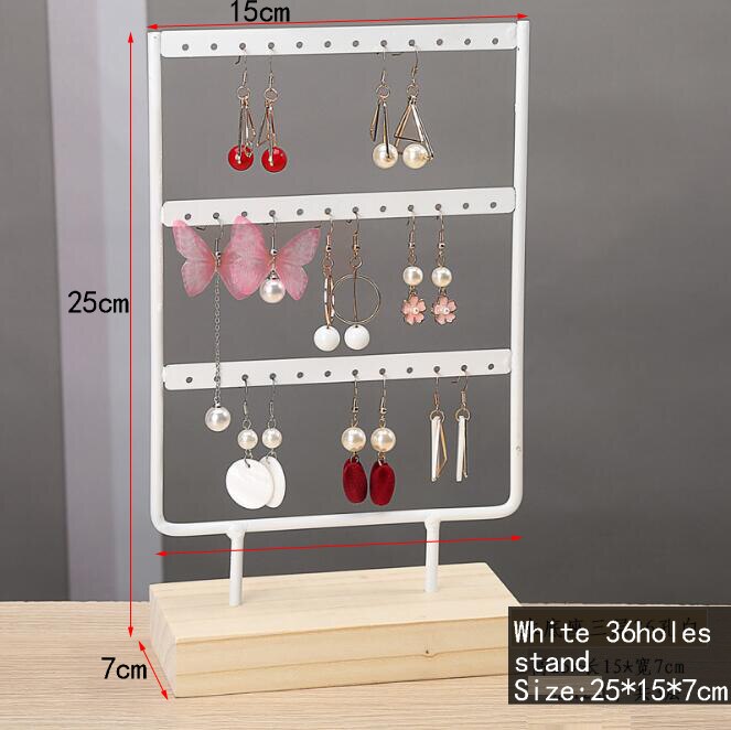 Earrings Stand Jewelry Display Earrings Holder Jewellery Storage Wooden Base Metal Ear Studs Pendant Rack: white 36 holes