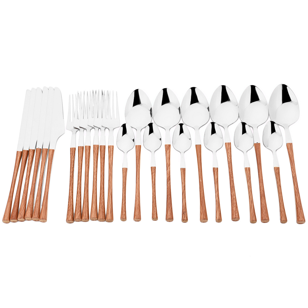 24Pcs Imitatie Hout Serviesje Rvs Servies Bestek Messen Thee Lepel Vorken Met Opslag Bestek Rek Geschenkdoos: Brown Silver