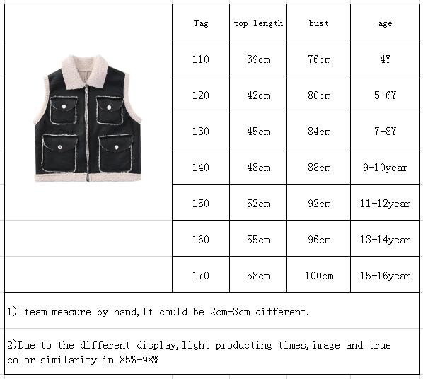 Girls Vest Autumn Winter Teenage Girls Black Pocket Warm Lining Vestes Children Top&outwear Kids Clothes 6 8 10 12 14Year