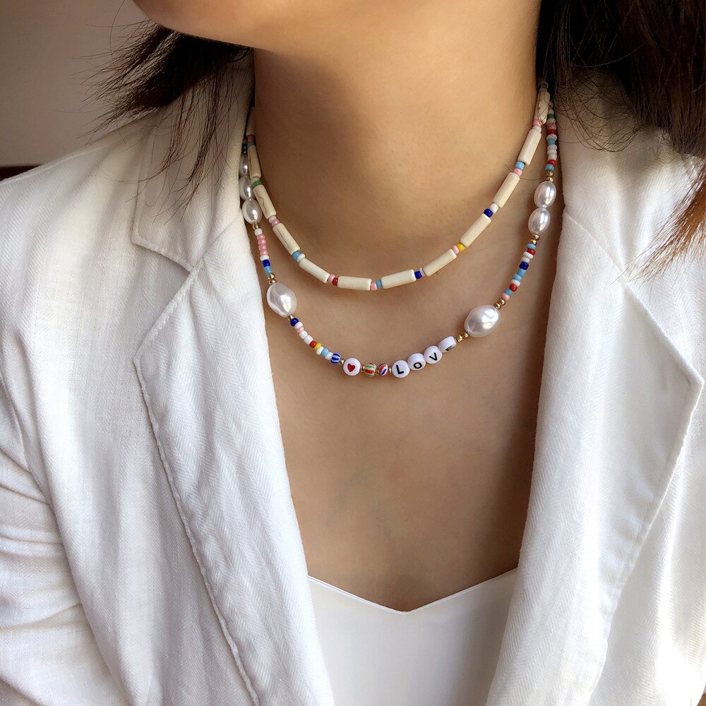 HangZhi 2pcs/set Baroque Pearls Geometric Heart Cylinder Wooden Beads Alphabet LOVE Colorful Beaded Collar Necklace